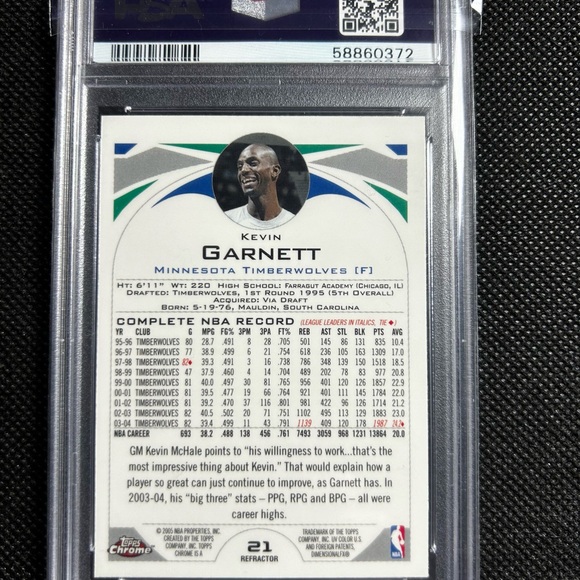 2004 Topps Chrome Refractor Kevin Garnett #21 Timberwolves PSA 10 Gem Pop 7 - Picture 2 of 2